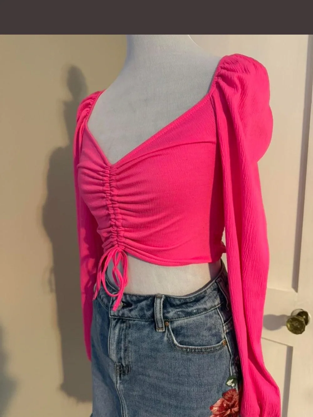 H&M Hot Pink Ruched Long-Sleeve Crop Top